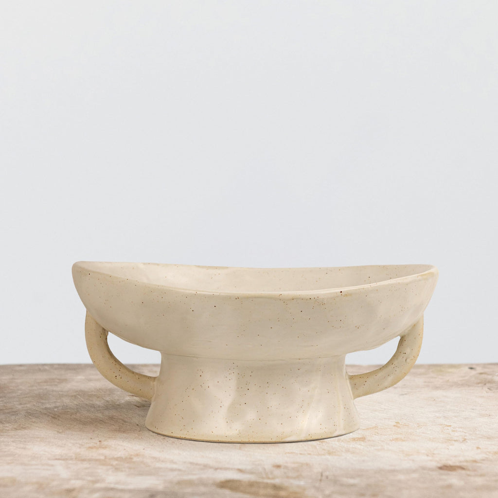 Co-Op Stoneware Footed Pedestal Bowl with Handles, Reactive Glaze, White