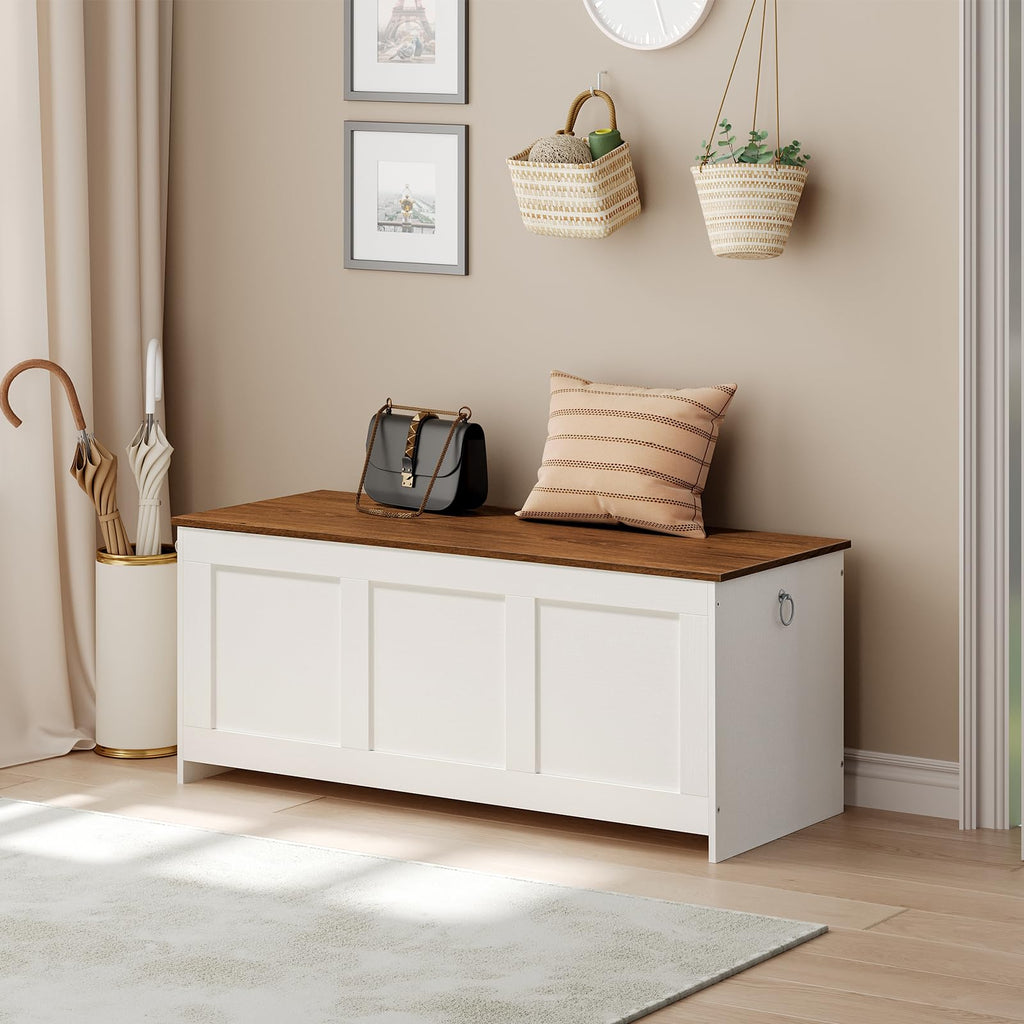 47.2" Large Storage Bench, Retro Storage Chest with Safety Hinge, Wooden Storage Trunk, Toy Chest with Lift Top