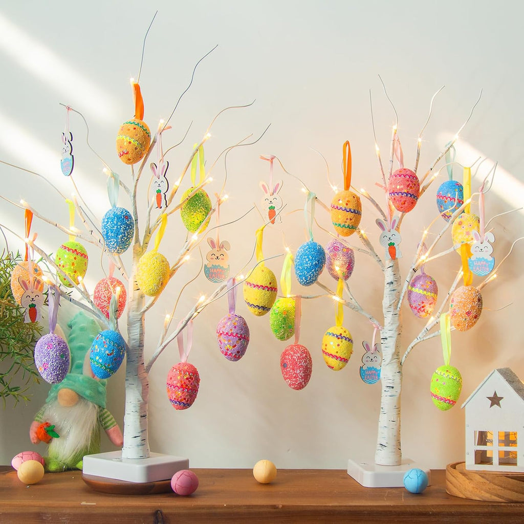 Easter Egg Tree Lights, 22 Inch Easter Trees Battery Operated with Timer, Lighted White Birch Tree Tabletop - Set of 2