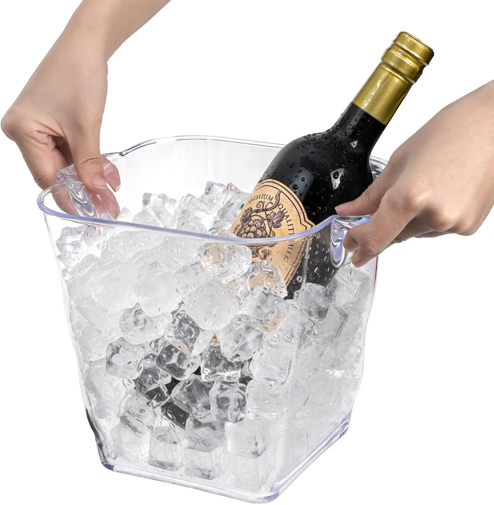 Square Ice Bucket, 4 Liter Plastic Champagne Bucket for Parties, Clear Beverage Tub with Handle Outdoor Bars, Patio
