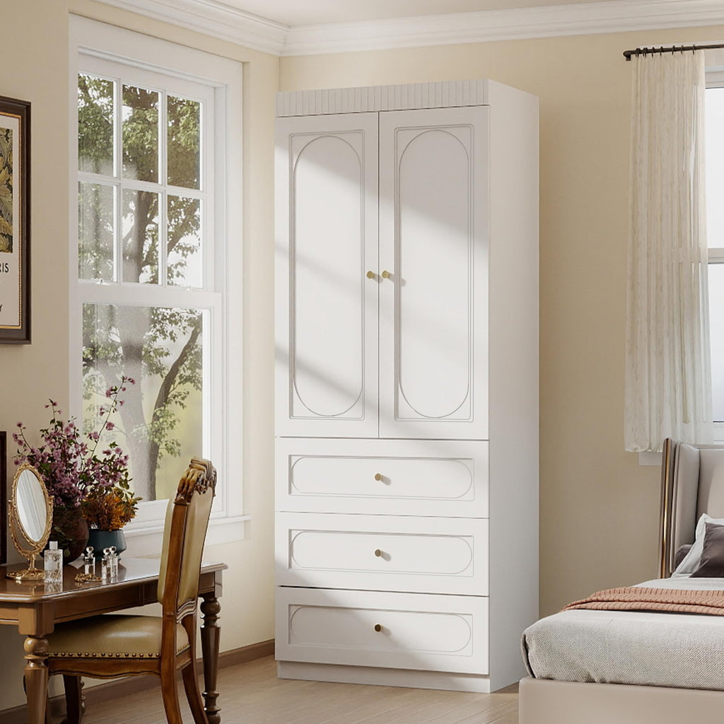 White Wardrobe Closet with 3 Drawers and 2 Doors, 75" H x 32" W