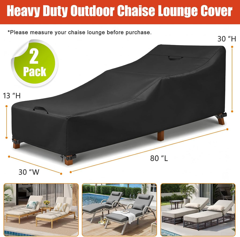 Outdoor Chaise Lounge Covers, 80L x 30W x 30H Inches, 2-Pack, Black | Patio Pool Lounge Chair Covers, 420D Oxford