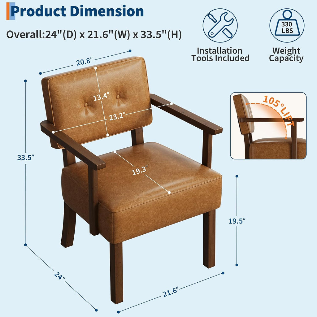 Mid-Century Accent Chair with Wood Frame, PU Leather Upholstered Lounge Arm Chair with Classic Button - Set of 2