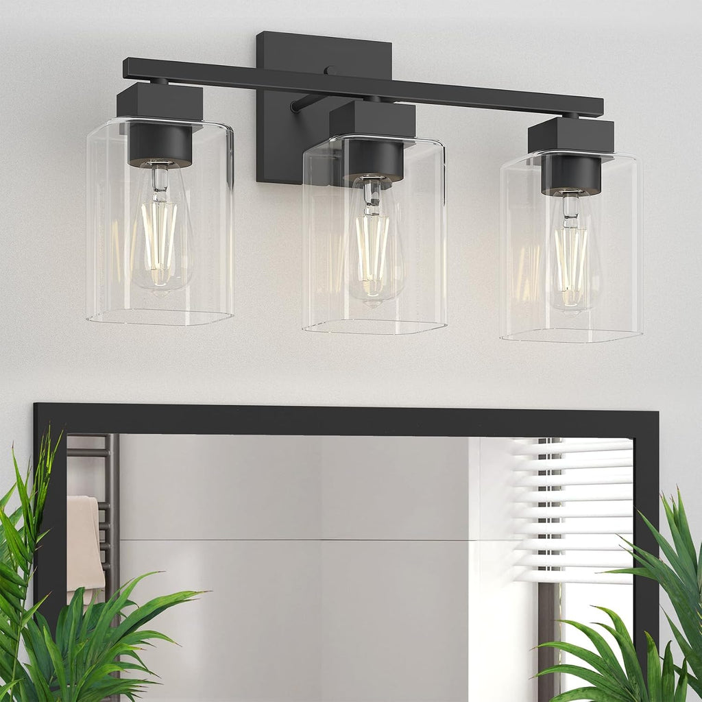 Matte Black Bathroom Vanity Light, 3-Light Vanity Lighting fixtures Over Mirror, Square Design & UL Certification
