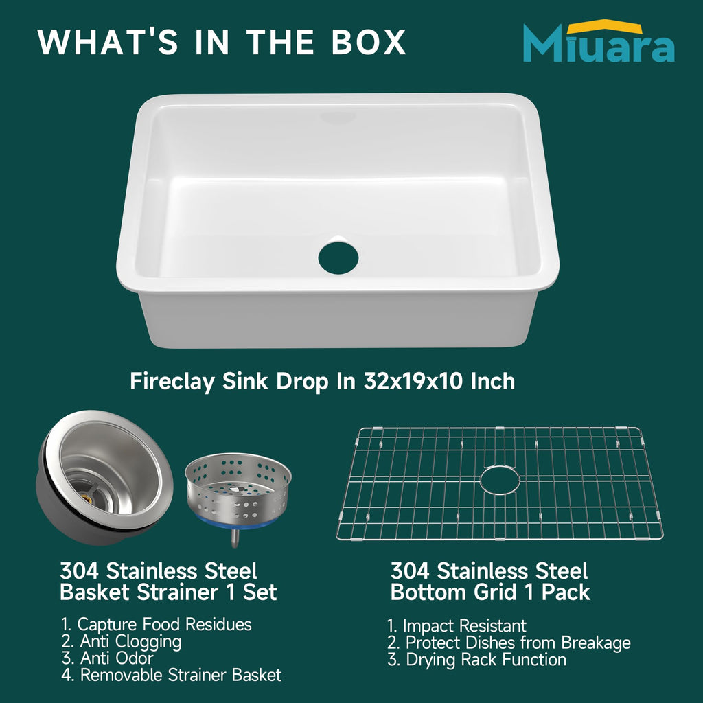 32 x 19 Inch Undermount or Drop In Fireclay Kitchen Sink White