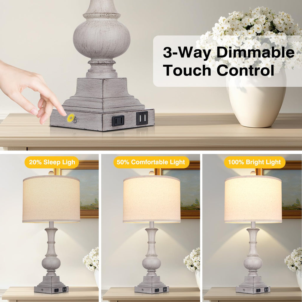 26" Farmhouse Table Lamps Set of 2, Rustic Touch Control Bedside Lamps with 2 USB Ports & AC Outlet, Vintage Resin