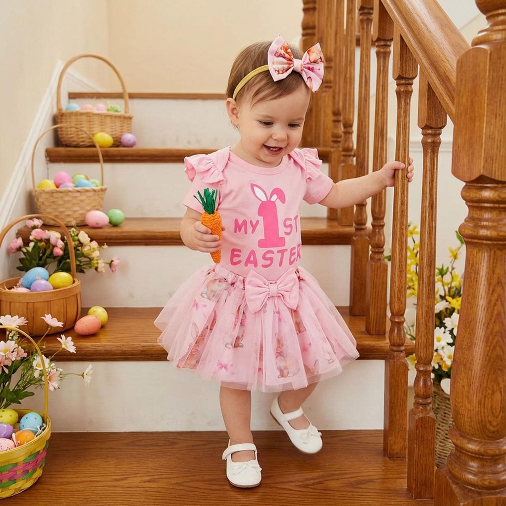 My First Easter Baby Girl Outfit Newborn 1st Letter Romper Bunny Tulle Tutu Skirt Girl Baby Dress (Pink