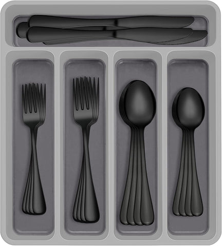 60-Piece Black Silverware Set with Organizer, Stainless Steel Flatware for 12, Cutlery Utensil Set