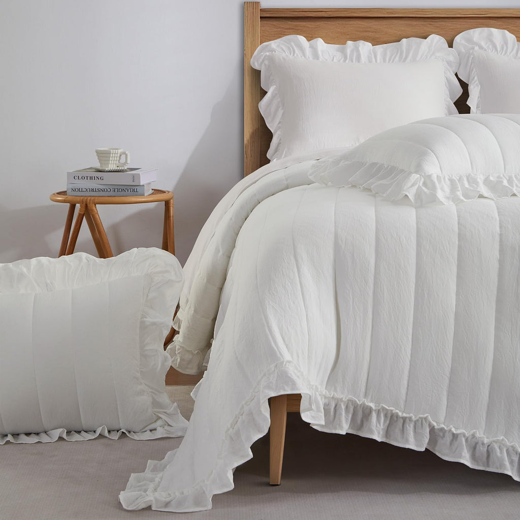 White Ruffle Quilt 2 Piece Soft Lightweight Bedspread