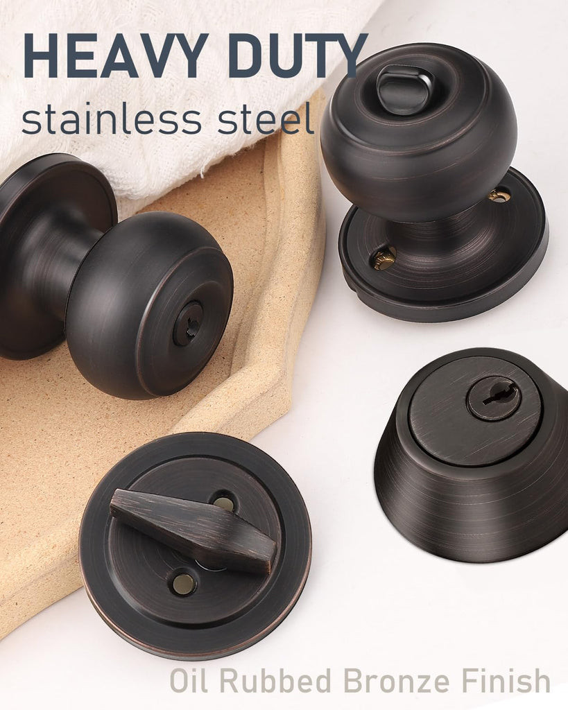 4 Pack Keyed Alike Front Door Knob and Deadbolt Set, Entry Door Locksets with Single Cylinder Deadbolt, Oil Rubbed