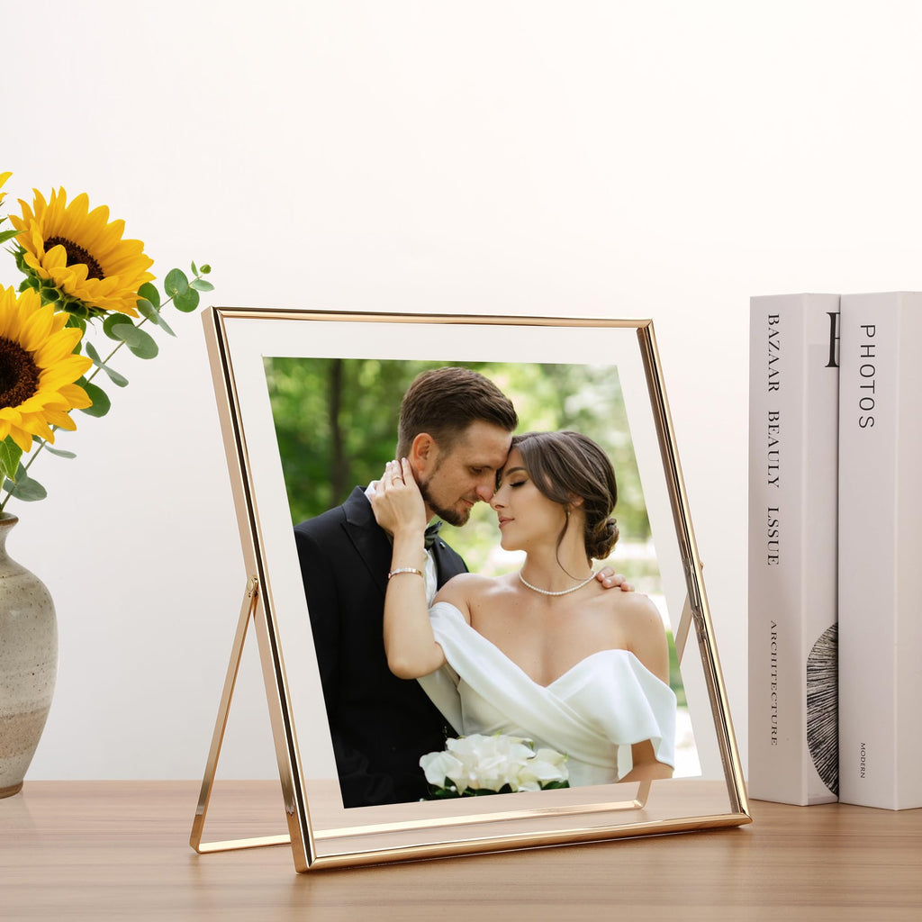 Gold 10x10 Floating Frame 2 Pack for Photo Size(5x5'', 6x6'', 8x8''), Adjustable Tabletop/Shelf floating Photo Frame, for