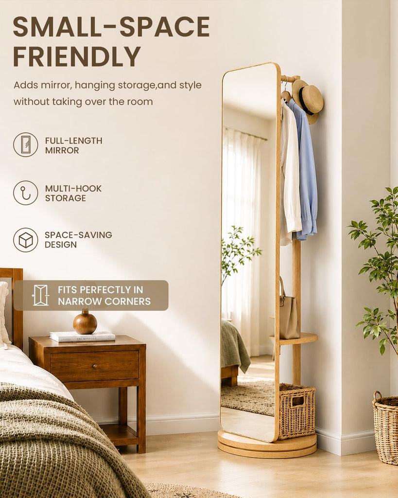 69" x 19" Rotating Full Length Mirror with Coat Rack Storage