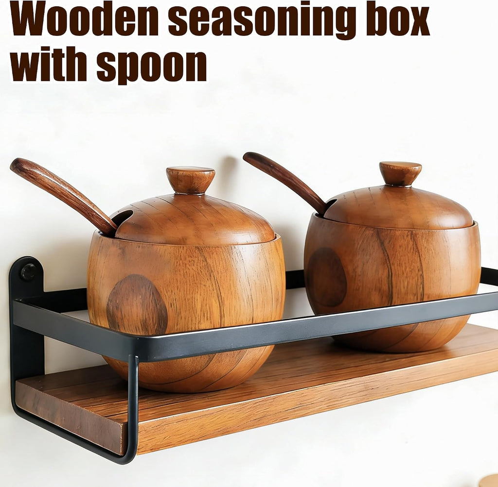 Wooden Salt Cellar with Lid and Spoon 5.7 oz Kitchen Wooden Salt Box for Sea Salt,Spices and Herbs() - Set of 2