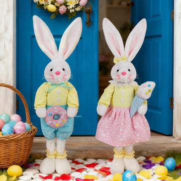 Easter Decorations Standing Bunny with Stretchable Legs, 21" to 26" White Rabbits Couple Figurine, Party Favor - Set of 2