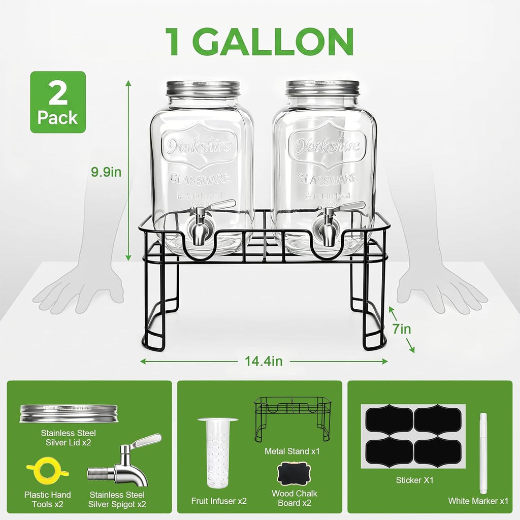 1-Gallon Drink Dispenser,2 Pack Glass Drink Dispenser with Tin Lid - Set of 2