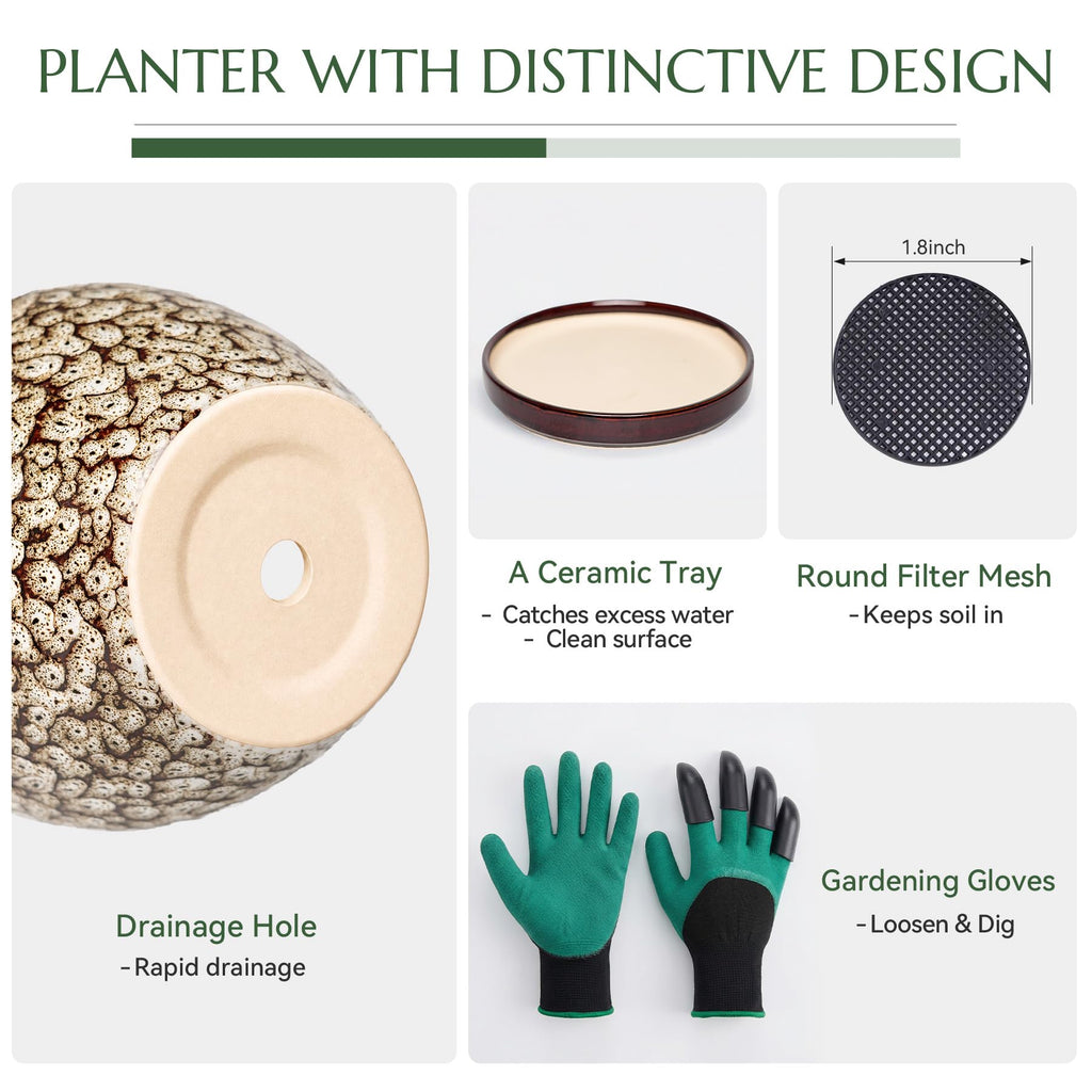 8.7 Inch Ceramic Planter with Saucer, Round Plant Pot for Indoor Outdoor Plants (Speckled White)