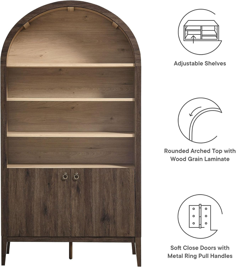 Nolan Tall Arched Storage Display Cabinet in Dark Walnut - 74 Inch Arch Bookshelf with Open and Closed Shelving