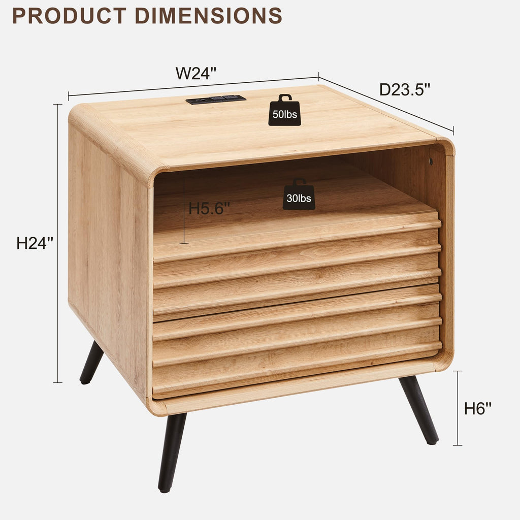 24" Fluted Nightstand with Charge Station, Natural Oak