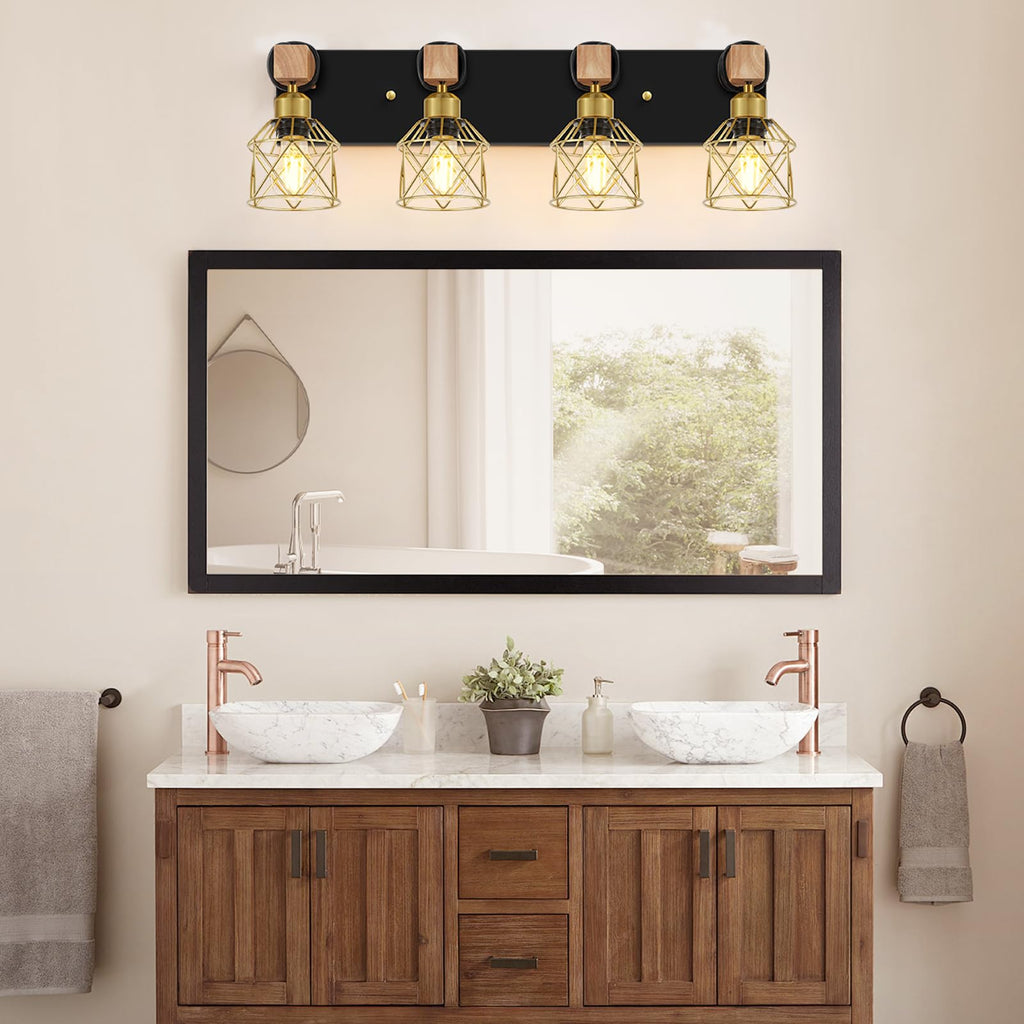 Farmhouse Bathroom Vanity Light Fixtures, 4-Light Wood Bathroom Lighting Over Mirror, Rustic Black Gold Sconces Wall