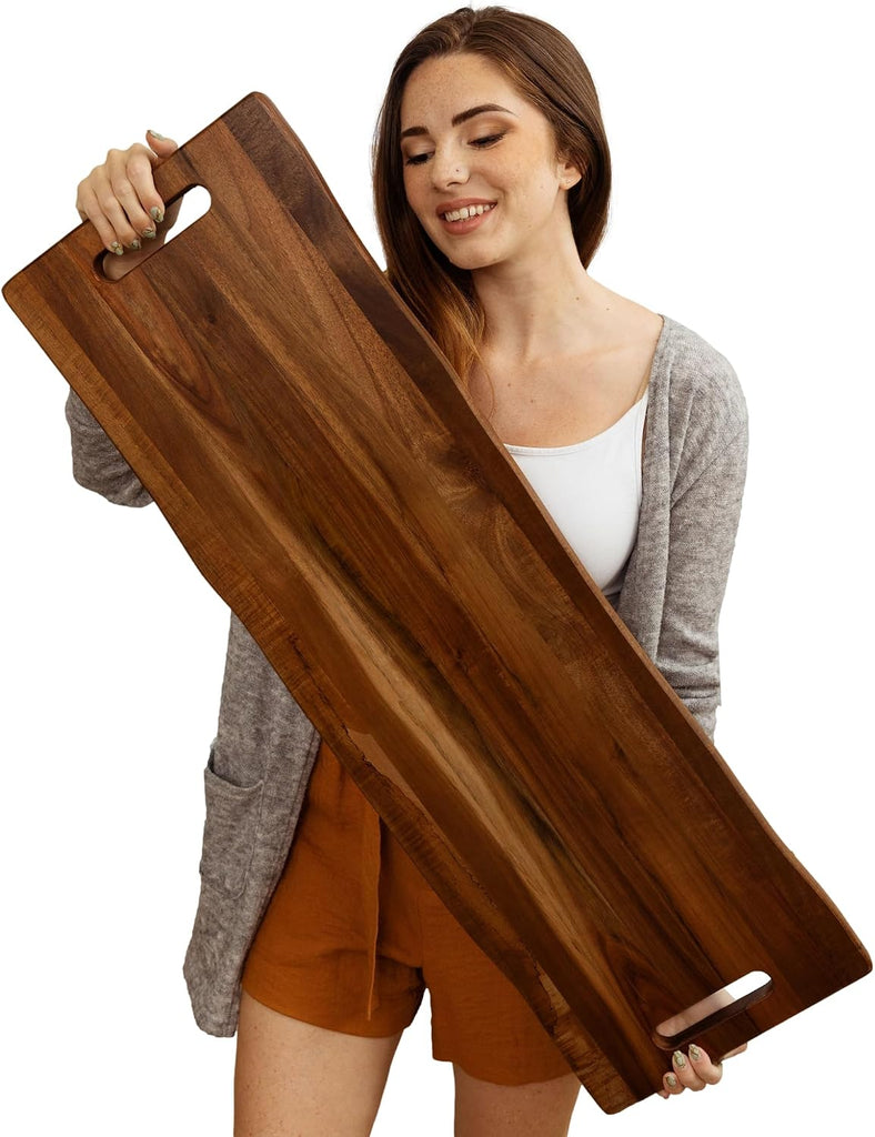 Large Acacia Serving Board with Handles, 36 x 12 Inch Rectangular Charcuterie Platter, Natural Wood Server for Meat