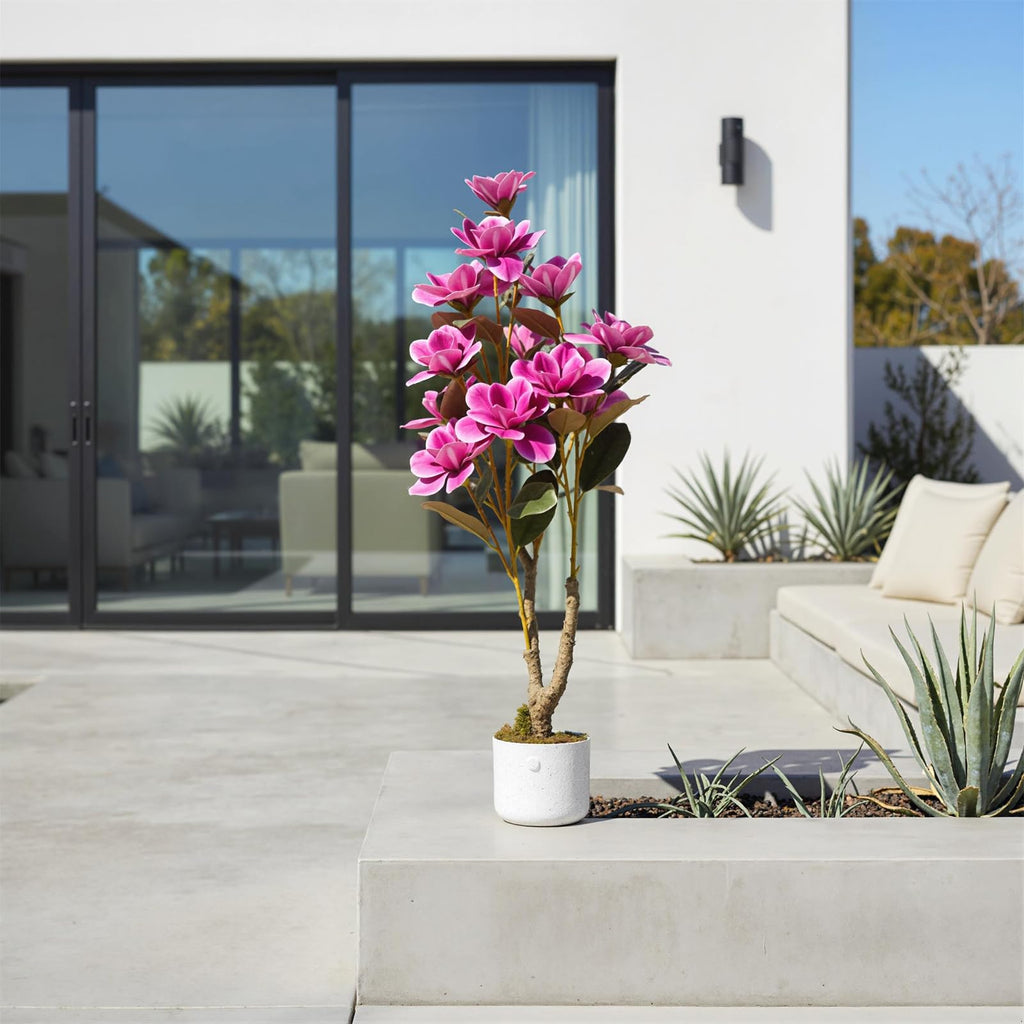 37" Artificial Magnolia Tree, Artificial Realistic Magnolia Grandiflora with White Planter and 12 Lifelike Flowers