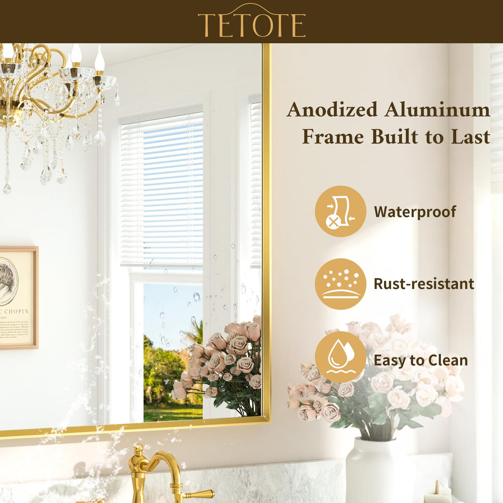Gold Bathroom Mirror 20" x 30" Brushed Brass Rectangle Beveled Framed Bathroom Vanity Mirror for Over Sink, Tempered