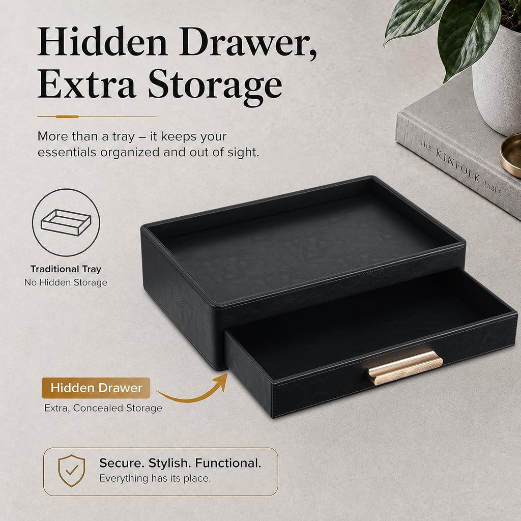 Leather Valet Tray for Men, Nightstand Organizer with Drawer, Black