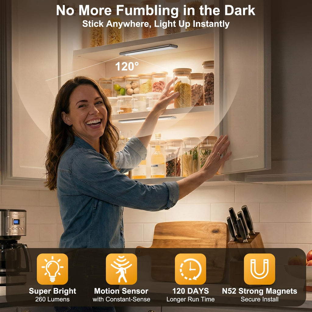 14.8inch Under Cabinet Lighting, LED Closet Lights, Motion Sensor Light Indoor, Battery Operated USB C Rechargeable