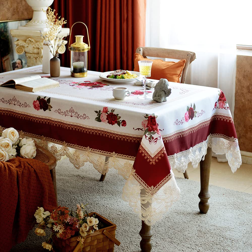 Table Cloth Rectangular 60x84 Inch Burgundy Retro Rose Luxury Lace