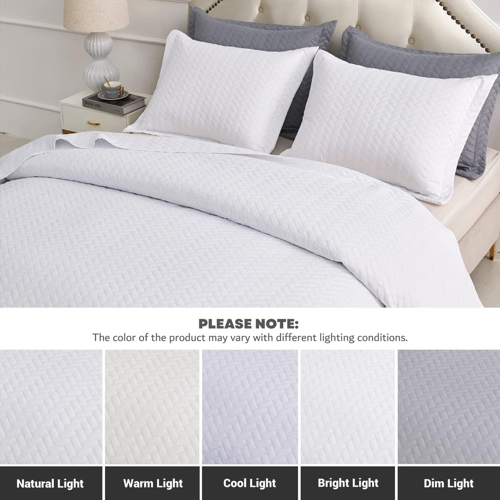 White Quilt Set Queen, Lightweight Bedspread Ultrasonic Chevron Pattern Light Coverlet for All Season Comforter
