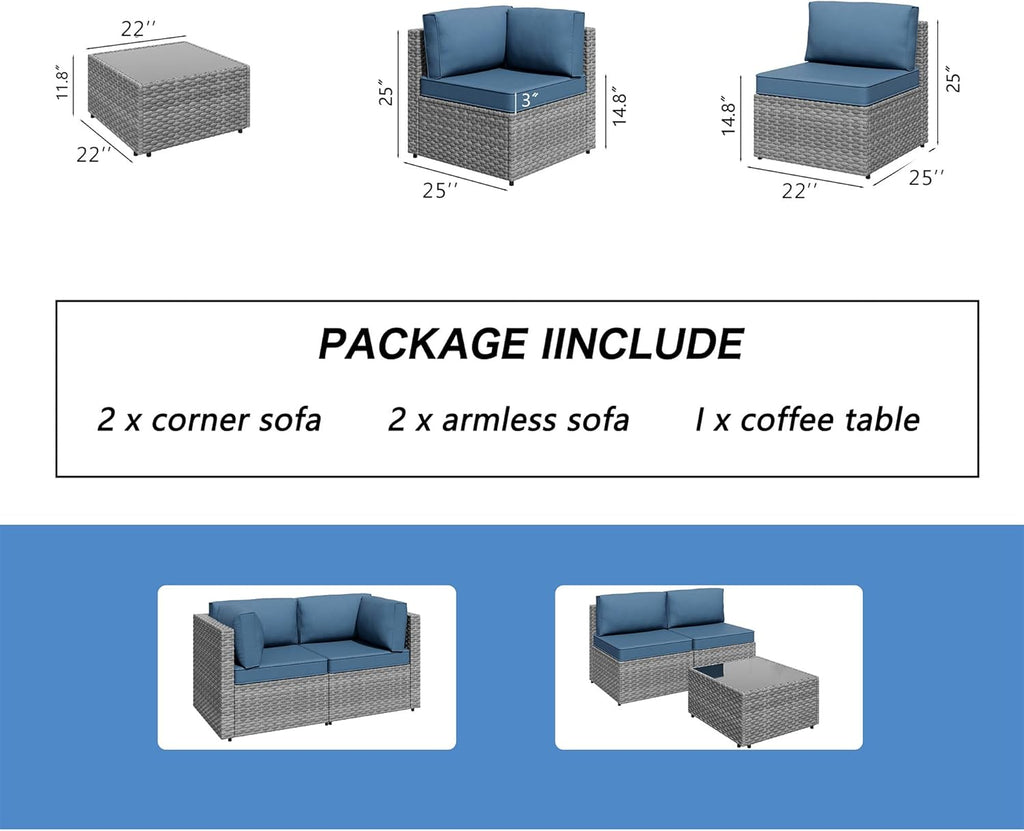 5 Piece Outdoor Patio Furniture Set, Silver PE Rattan Wicker Sectional Sofa with Glass Coffee Table - Navy Blue