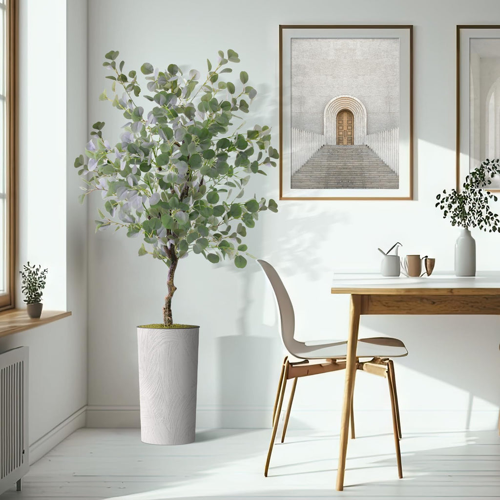 Artificial Tree in White Marble Effect Planter, Fake Eucalyptus Silk Tree for Indoor and Outdoor Home Decoration