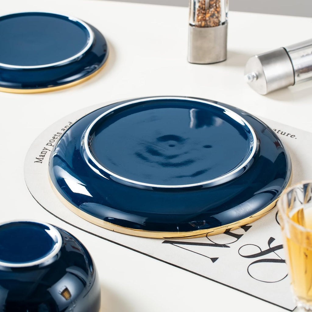 Blue and Gold Ceramic Dinnerware Sets for 4, 16-Piece Luxury Plates and Bowls Sets with Gold Rim, Modern Dish Set