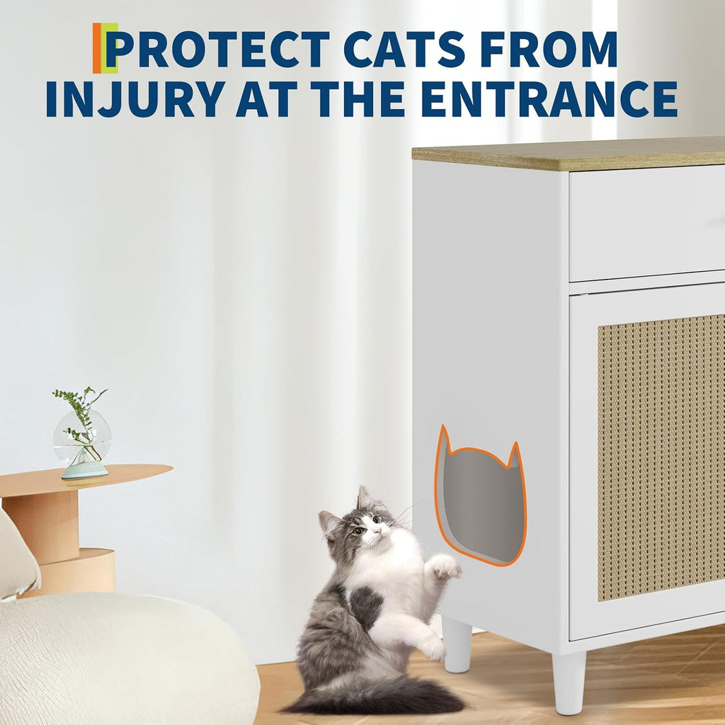 Cat Litter Box Enclosure with PE Rattan Decor Doors - Hidden Pet Storage Cabinet with Wood Feet & Scratching Pad