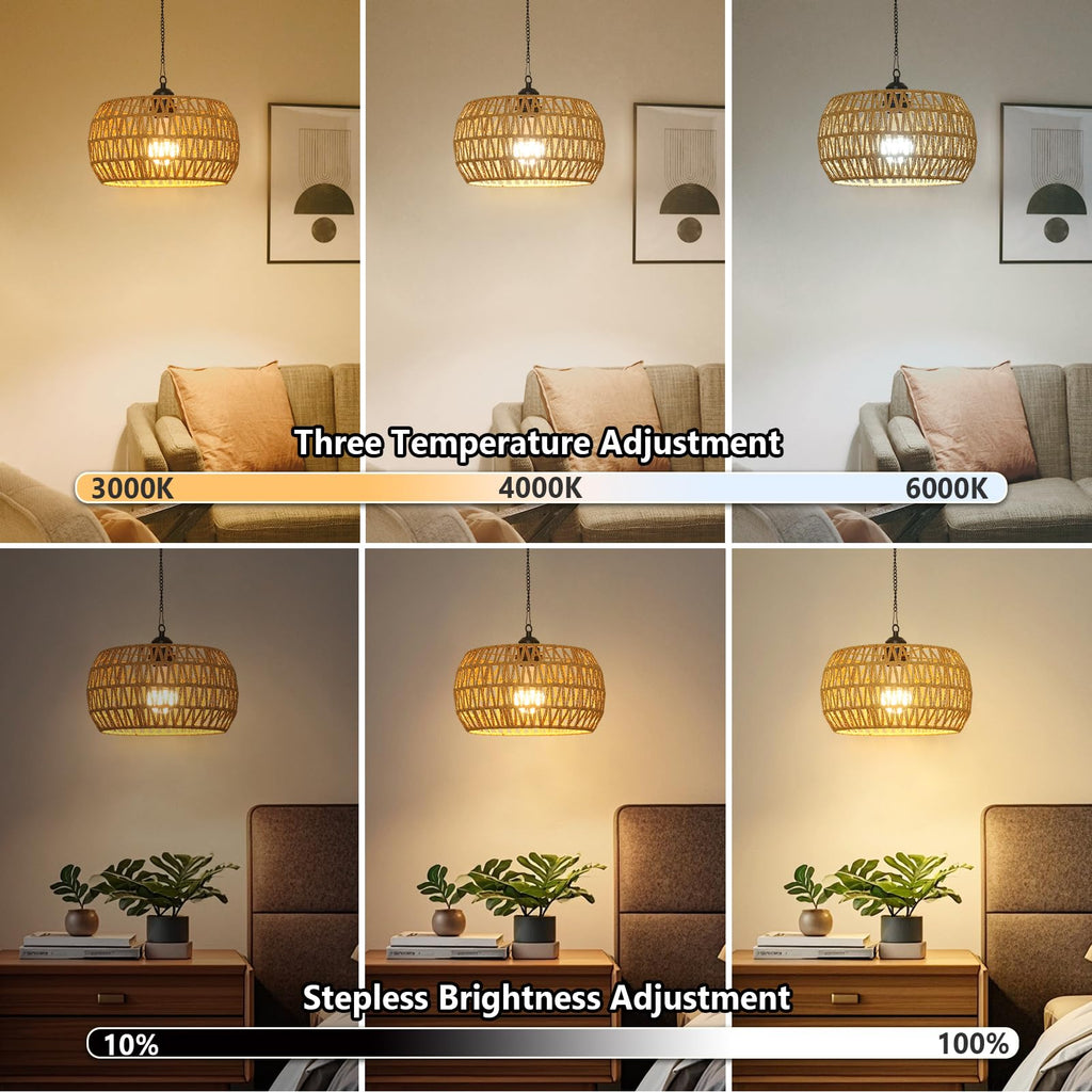 Battery Operated Chandelier with Remote, 11.8" Rattan Battery Powered Hanging Light for Porch, Rechargeable Outdoor