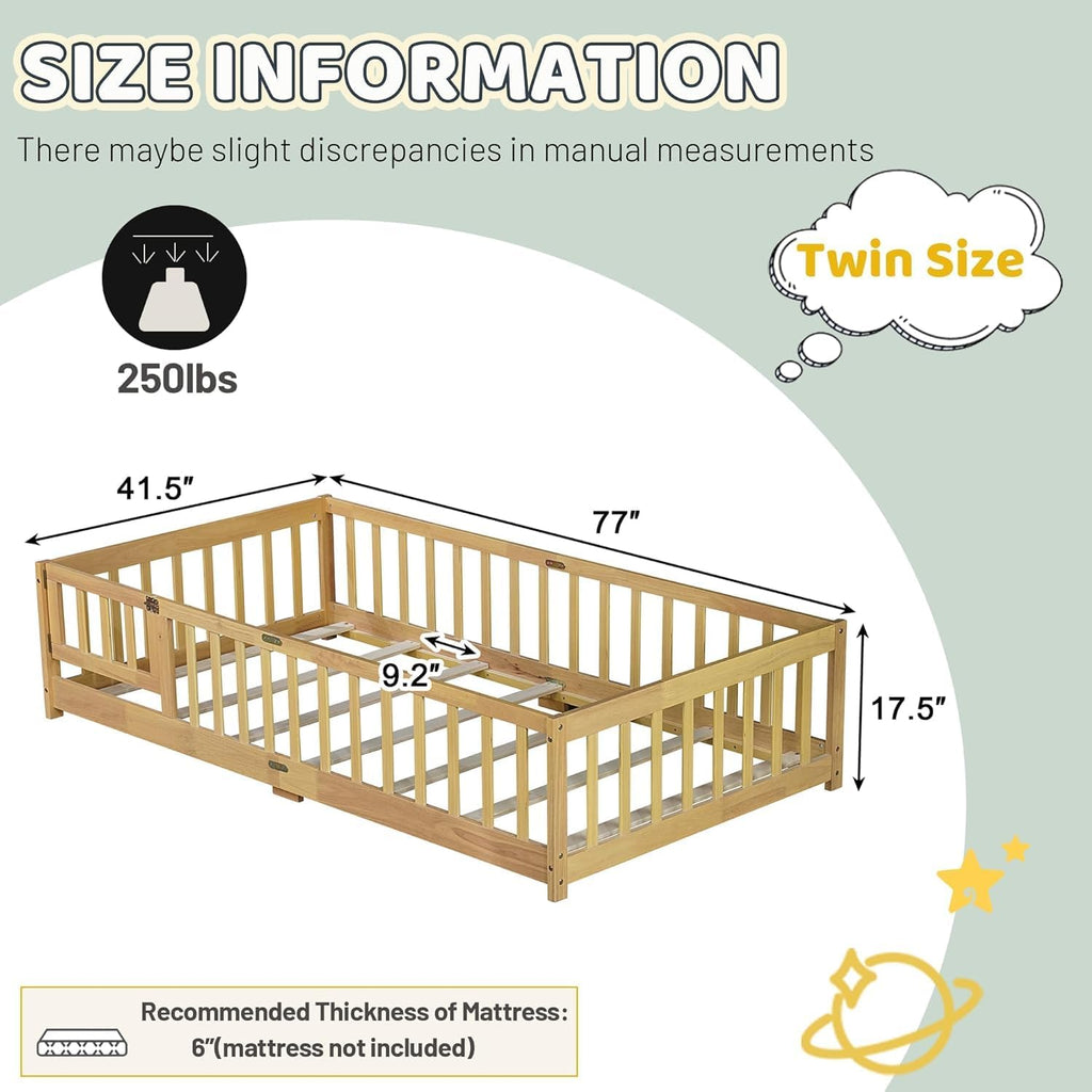 Floor Bed for Kids, Montessori Bed Frame with Door, Low Beds with Rail for Boys and Girls, No Box Spring