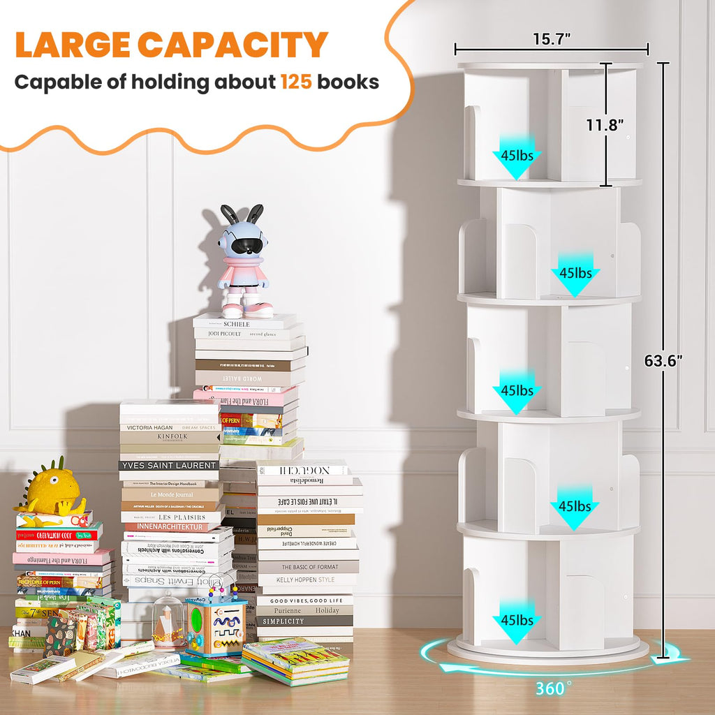 Rotating Bookshelf Tower, 5 Tier Wood Spinning Bookcase, White