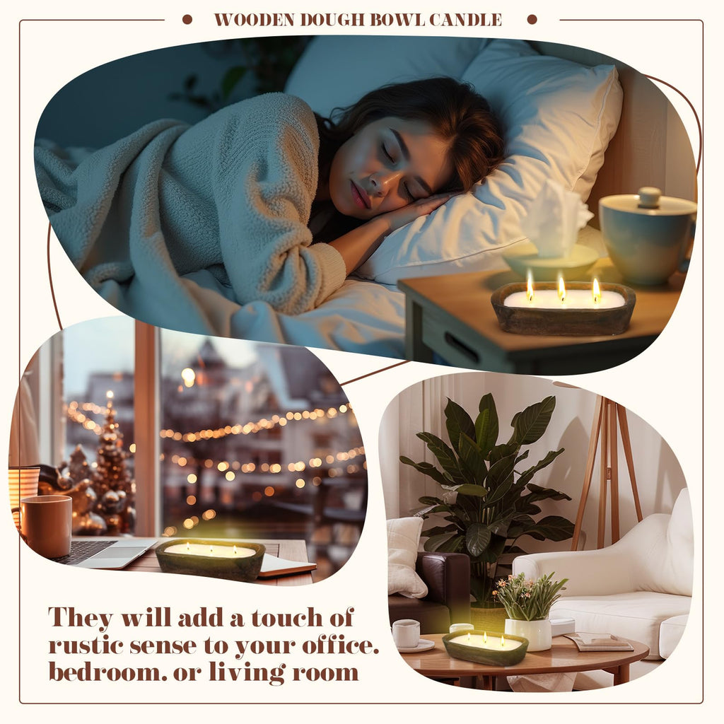 Dough Bowl Candle, 3-Wick Wooden Scented Candle Decor
