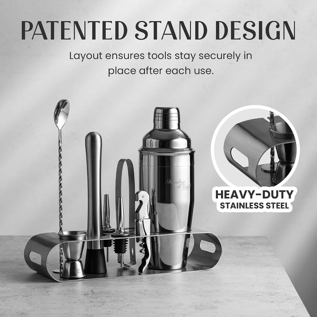 Cocktail Shaker Set: Complete Bartender Kit with Metal Stand and Bar Cart Accessories | Includes Exclusive Recipe - Set of 10