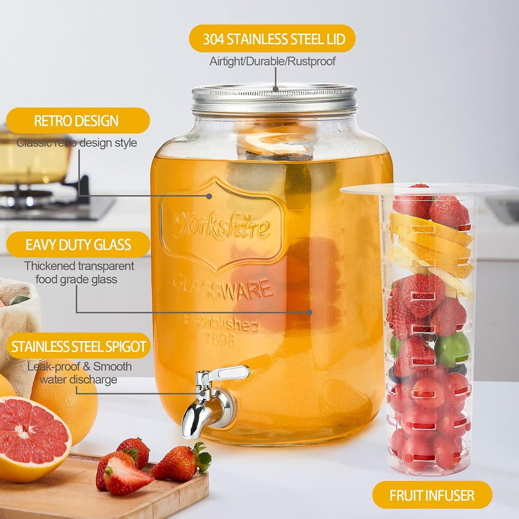 2 Gallon with Stand & Fruit Infuser, Stainless Steel Spigot - for Parties, Drink Dispensers with Lids for Lemonade