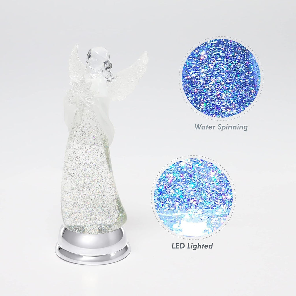 Christmas Angel Snow Globe Water Spinner LED Light Battery Operated Glitter Angel Figurine 12.8" Tabletop Christmas
