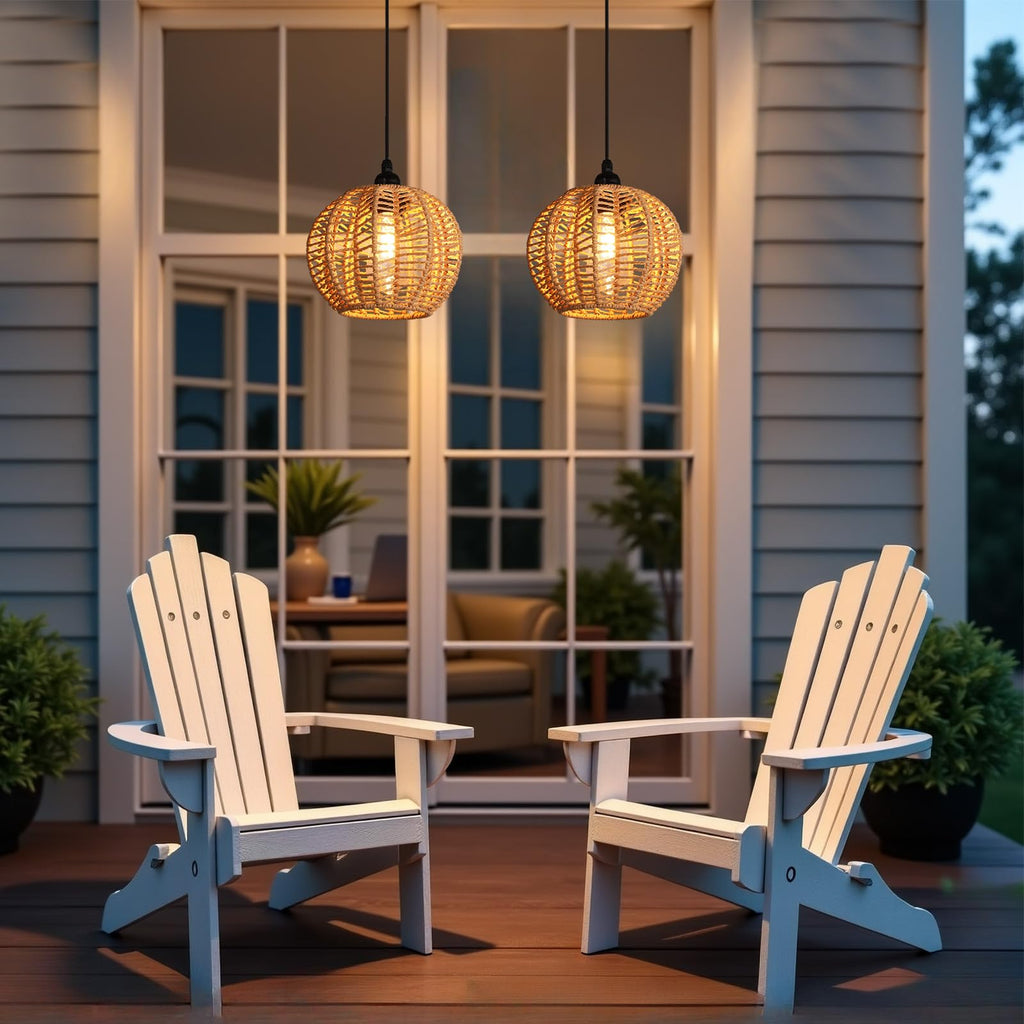 Battery Operated Chandelier, 2Pack Hanging Gazebo Lights, Cactus Shape Boho Rattan Pendant Lights Outdoor Waterproof