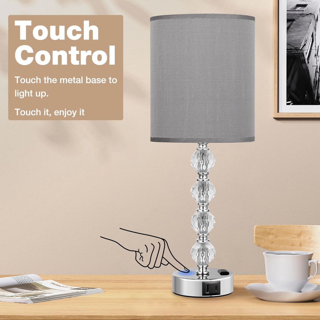 Touch Bedside Crystal Lamps s Nightstand with USB C+A Charging Port and AC Outlet White, 3 Way Dimmable Silver Large