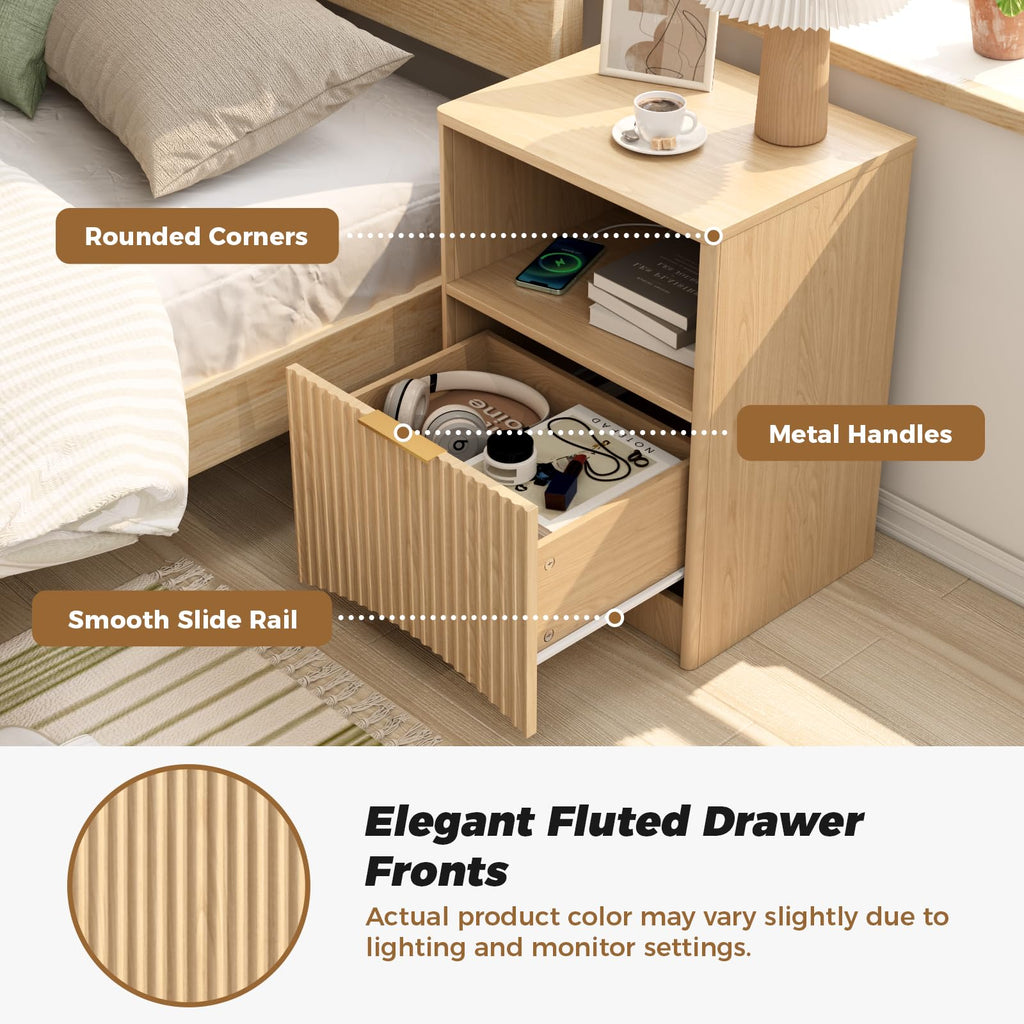 Fluted Nightstands Set of 2 with Drawer & Open Shelf