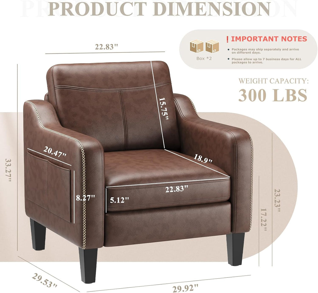 PU Leather Accent Chair, Mid-Century Modern Living Room Armchair Sofa with Removable Cushions & Stitched - Set of 2