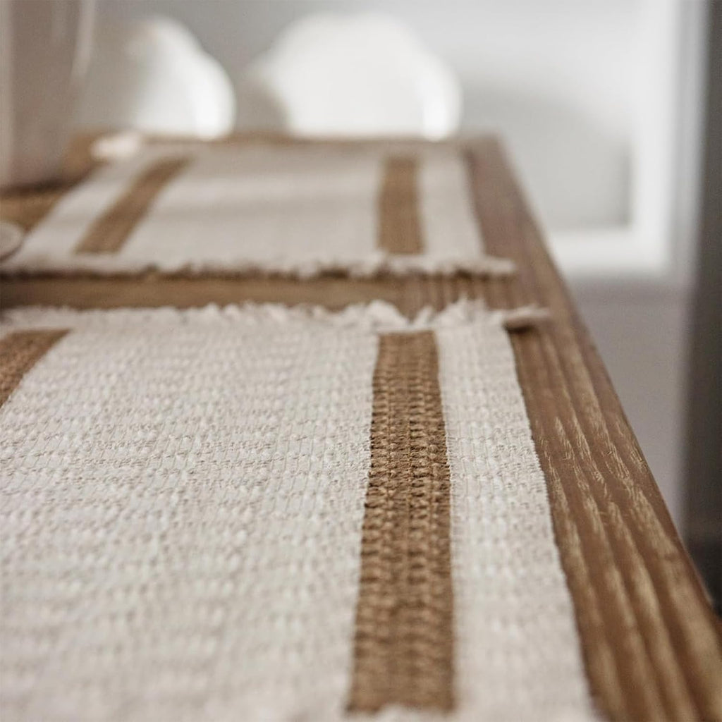 Boho Placemats, 12x18 Inch Natural Cotton Burlap and Kitchen Woven Placemats with Tassels for Dining Table - Set of 6