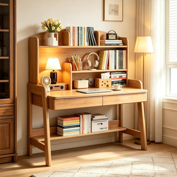 Kids Study Desk with Hutch and Storage Drawers, Level Height Adjustable Children's Writing Table with 2 Drawers