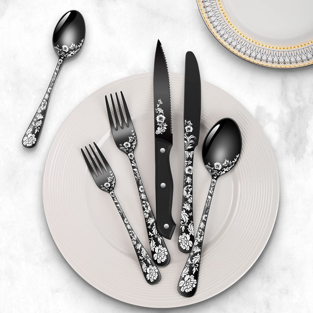 48-Piece Black Silverware Set with Steak Knife, Black Flatware Sets for 8, Stainless Steel Cutlery Set Includes Forks