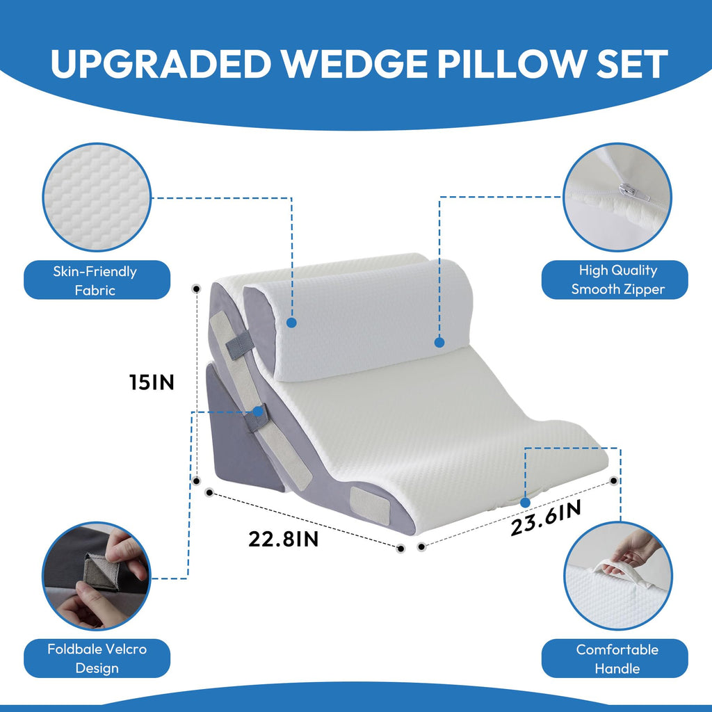 3PCS Wedge Pillow Set for After Surgery, Back Pillow for Bed Sitting up, 10-in-1 Foam Wedge Pillow for Acid Reflux &