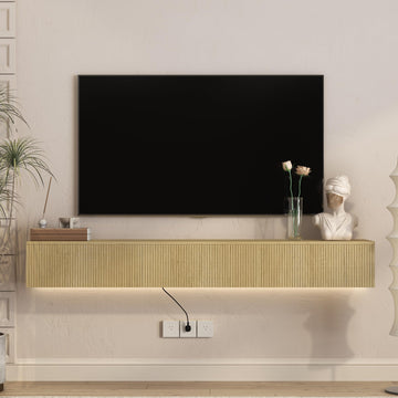Natural Floating TV Stand, Fluted TV Console Wall Mounted, Floating Entertainment Center, Fluted TVs Cabinet Wood, Oak